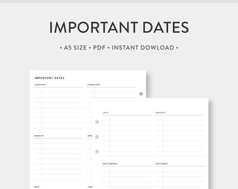 A5, Important Dates Printable | Birthday tracker, Anniversaries, Travels, Parties, Yearly Overview, Year At a Glance