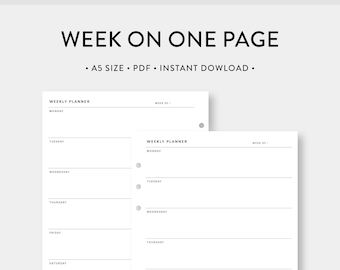 May include: A printable weekly planner template in A5 size. The template is divided into two columns, each with a weekly planner layout. The layout includes a space for the week number and a section for each day of the week, Monday through Sunday.