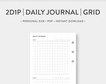 Personal, Cuadrícula de diario diario 2D1P / Planificador diario imprimible / Inserciones PDF de diario de plantilla simple sin fecha / Descarga digital
