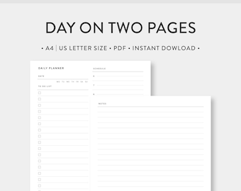 A4 | US Letter, Hourly Daily Scheduler, Lined Notes | Day on Two Pages | Undated Simple Template Journal PDF Inserts | Digital Download