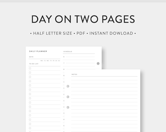 Half Letter, Hourly Daily Scheduler, Lined Notes | Day on Two Pages | Undated Simple Template Journal PDF Inserts | Digital Download