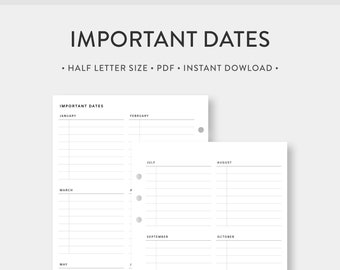 Puede incluir: Página de planificador imprimible con una lista de meses de enero a diciembre. La página está diseñada para escribir fechas importantes. El texto "FECHAS IMPORTANTES" está en la parte superior de la página.
