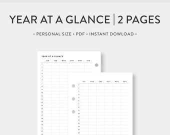 Personal, Jahr auf einen Blick | Jahr auf zwei Seiten | Jahresübersicht | Jahresplaner Einfache Vorlage Journal PDF Einlagen| Digitaler Download
