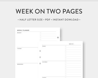 Half Letter, Weekly Planner Printable | WO2P Weekly To do List, CheckList, Weekly Agenda | Week on Two Pages | Horizontal Layout PDF Inserts