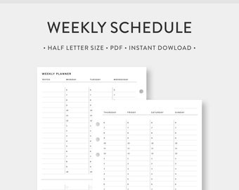 Half Letter, Weekly Schedule Vertical Hourly Planner Printable | Week on Two Pages | Weekly To do List, Task list | WO2P