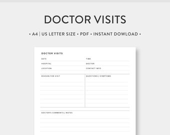 A4 | US Letter, Doctor Visits Printable | Doctor Visit Log, Medical Appointment Record, Medical Tracker | Health Wellness Physicians