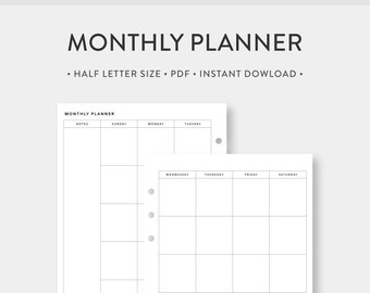Halb, Minimalistischer Monatsplaner Druckbarer Kalender | Monat auf Zwei Seiten | Undatierte einfache Vorlage Journal PDF Einlagen | Halbbuchstabe | mo2p