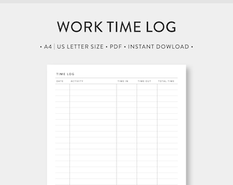 A4, US Letter, Work Time Log Printable | Simple Time Sheet Tracker Template Journal | PDF inserts, Employee Monthly | Digital Download