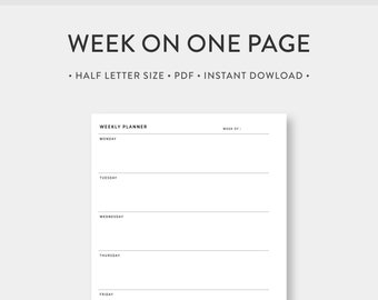 Half Letter, Weekly Planner Printable | Week on One Page | Undated Template Journal PDF Inserts | Monday Sunday Start | Digital Download