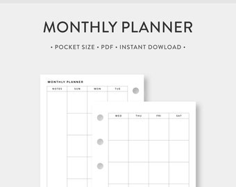 Pocket, Minimalist Monthly Planner Printable Calendar | Month on Two Pages | Undated Simple Template Journal PDF Inserts | PK Size | mo2p