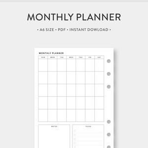 A6, Undated Monthly Planner Printable | Month on One Page | To do List Simple Minimal Template Journal PDF Inserts| MO1P | Digital Download