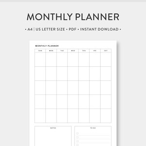 A4 / Carta de EE. UU., Planificador mensual sin fecha imprimible / Mes en una página / Inserciones PDF de diario de plantilla mínima simple / MO1P / Descarga digital