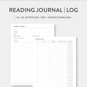 A4 / Carta de EE. UU., Diario de lectura, Conjunto imprimible de registros / Reseña de libros, lista / Inserciones de PDF de plantilla simple / Tamaño A5 / Descarga digital