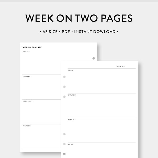 A5, Planificador semanal imprimible / Semana en dos páginas / Inserciones PDF de diario de plantilla sin fecha / Tamaño A5 / Inicio lunes domingo / Descarga digital