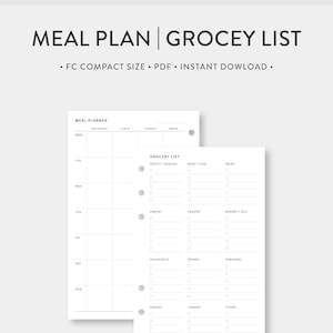 May include: A printable meal planner and grocery list template in black and white. The meal planner has a column for each day of the week and a row for breakfast, lunch, dinner, and snack. The grocery list is divided into categories such as fruits and veggies, meat and fish, dairy, pantry, frozen, bakery and deli, household, drinks, personal, snacks, canned, and other.