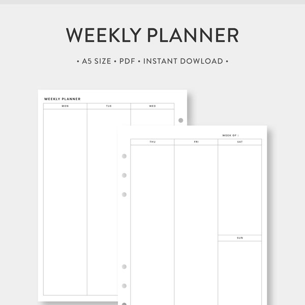 Planificador semanal imprimible, tamaño A5, con semana en dos páginas y sin fecha