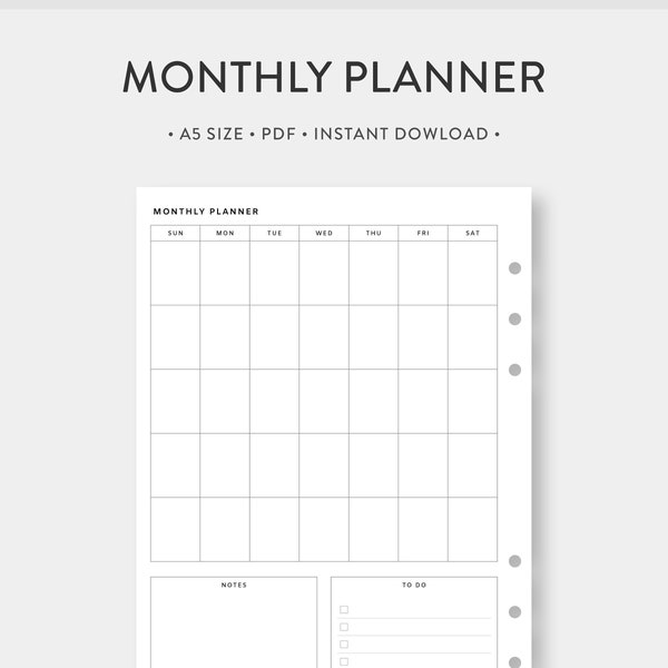 A5, Planificador mensual sin fecha imprimible / Mes en una página / Lista de tareas Inserciones PDF de diario de plantilla mínima simple / MO1P / Descarga digital