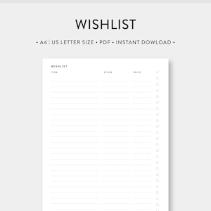 DIN A4 | US Letter, Wunsch-Printable | Einkaufswunschliste, Wunsch-Tracker, Dinge-To-Buy-Liste | Sofort Download