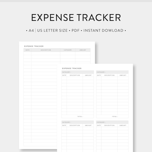A4 / Carta de EE. UU., Rastreador de gastos imprimible / Registro de gastos, Registrador de compras, Diario de gastos, Gráfico de presupuesto de dinero, Planificador de presupuesto mensual