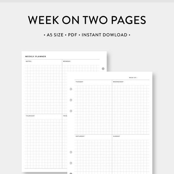 A5, Planificador semanal imprimible / Cuadrícula vertical / Semana en dos páginas / Inserciones PDF de diario de plantilla sin fecha / Tamaño A5 / Descarga digital