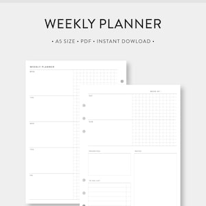 以下が含まれることがあります： A5サイズの週間プランナーの印刷用紙。週ごとの各日にグリッドレイアウト、ToDoリスト、優先順位セクション、メモセクションがあります。このプランナーはリングバインダーで使用するために設計されています。