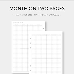 Media carta, Planificador mensual de cuadrícula Calendario imprimible / Mes en dos páginas / Inserciones PDF de diario de plantilla simple sin fecha / Media carta / mo2p