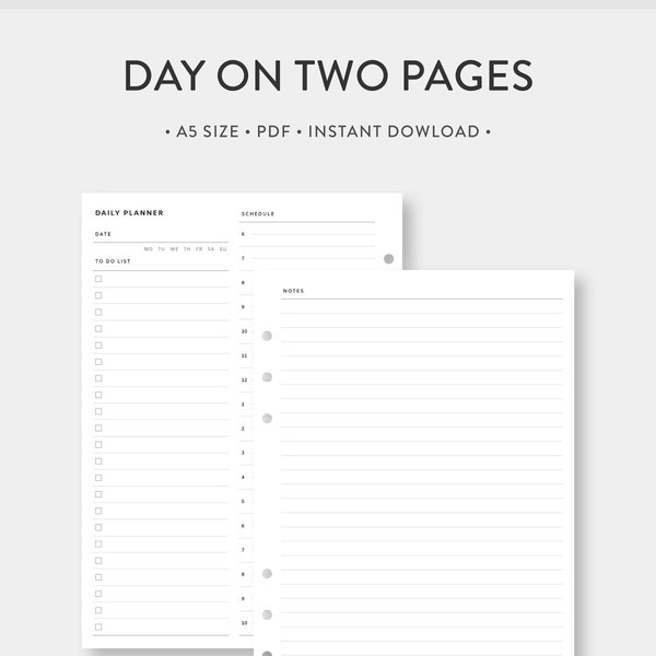 A5, Hourly Daily Scheduler, Lined Notes | Day on Two Pages | Undated Simple Template Journal PDF Inserts | Digital Download
