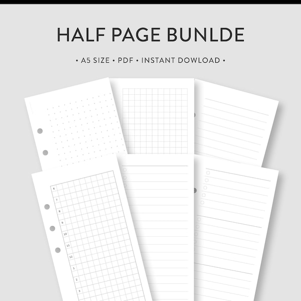 A5, Half Page Bundle | Printable Essential kit, Line Notes, Dot Grid Paper Set, Daily, Weekly To do List | Checklist, Half hourly Scheudle