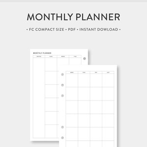 May include: A printable monthly planner in a compact size. The planner has a notes section, a calendar grid for each day of the week, and a dotted line down the side for binding.