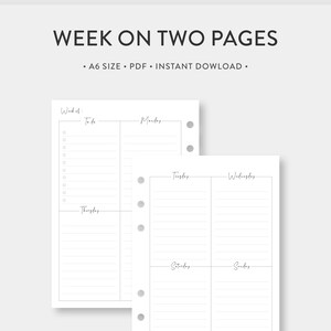 May include: A printable A6 size PDF planner template for a week on two pages. The template has a to-do list, Monday, Tuesday, Wednesday, Thursday, Friday, Saturday, and Sunday columns.