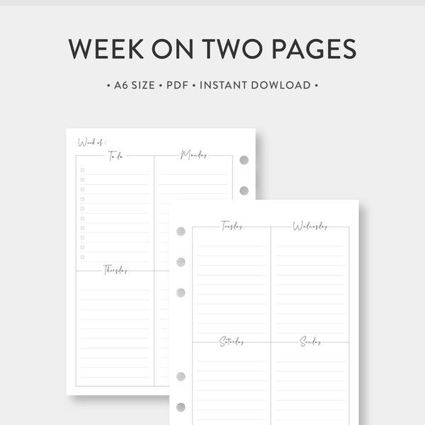 A6, Weekly Planner Printable | Week on Two Pages wo2p | Undated Template Journal PDF Inserts | A6 Size | Vertical Simple | Digital Download