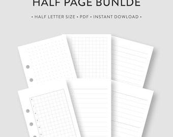 Op de afbeelding: Een set printbare half-pagina planner-inlays in PDF-formaat. De inlays omvatten gestippelde, raster- en gestreepte papierstijlen. De tekst "HALF PAGE BUNDLE" staat bovenaan de afbeelding. De tekst "HALF LETTER SIZE - PDF - INSTANT DOWNLOAD" staat onder de titel.