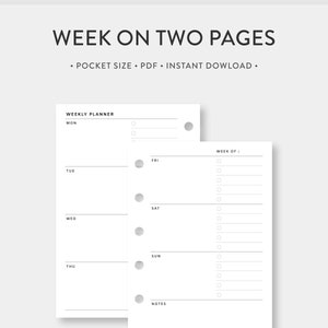 Pocket, Weekly Planner Printable | WO2P Weekly To do List, CheckList | Weekly Agenda | Week on Two Pages | Horizontal Layout PDF Inserts