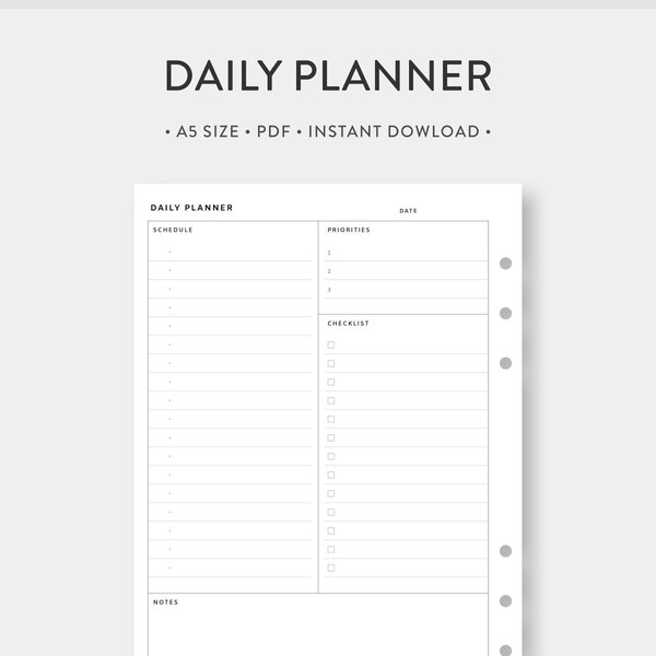 A5, Daily Planner Printable | Day on One Page | Undated Simple Template Journal PDF Inserts | Digital Download