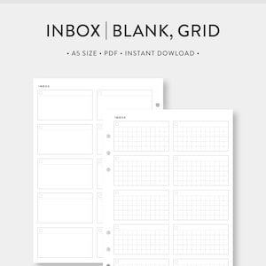 May include: A printable A5 size PDF planner page with the word "INBOX" at the top. The page is divided into six sections, three blank and three with a grid pattern.