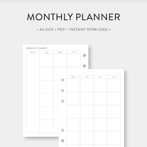 A6, Minimalist Monthly Planner Printable Calendar Month on Two Pages ...