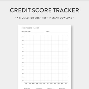 A4 / Carta de EE. UU., Rastreador de puntaje crediticio imprimible / Planificador de pago de deuda / Gráfico de crédito / Plantilla de guía de puntaje crediticio