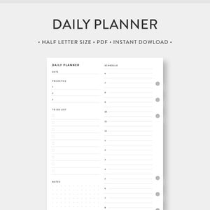 Media carta, Planificador diario minimalista imprimible / Día en una página / Programador diario por hora / Lista de tareas efectiva / Descarga digital