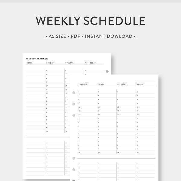 A5, Weekly Schedule Vertical Hourly Planner Printable | Week on Two Pages | Weekly To do List, Task list | WO2P