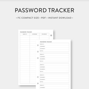 FC Compact, Rastreador de contraseñas imprimible / Registro de contraseñas Guardián de contraseñas / Plantilla mínima simple Inserciones en PDF