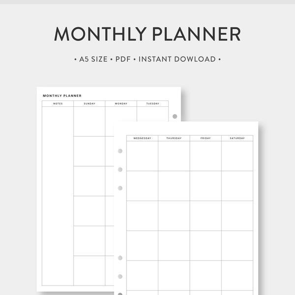 A5, Calendario imprimible del planificador mensual minimalista / Mes en dos páginas / Inserciones PDF de diario de plantilla simple sin fecha / Tamaño A5 / mo2p