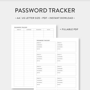 A4 | US Letter, Password Tracker Printable | Fillable. Editable PDF | Password Log Password Keeper | Simple Minimal Template