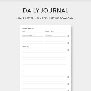 Media carta, diario imprimible / Plantilla de diario forrado / Inserciones PDF mínimas simples sin fecha / Descarga instantánea