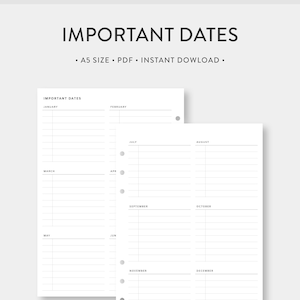 May include: A printable A5 size PDF planner with a simple design for tracking important dates. The planner is divided into 12 months, with each month having its own section. The planner is perfect for organizing your schedule and keeping track of important events.