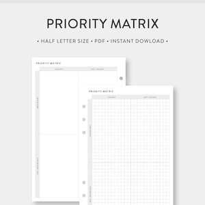 Media letra, Matriz de prioridades imprimible / Urgente, Lista de tareas importantes / Matriz de decisiones, Matriz de Eisenhower, Planificador de productividad