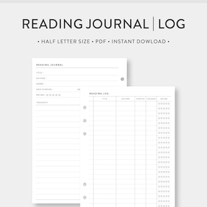 Mitad, Diario de lectura, Conjunto imprimible de registros / Reseña de libros, lista / Inserciones PDF de plantilla simple / Tamaño medio / Descarga digital