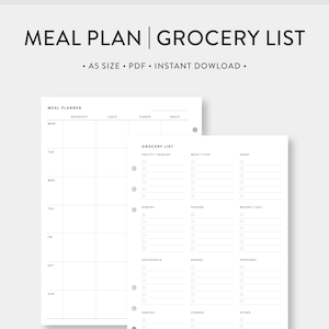 Puede incluir: Una plantilla de planificador de comidas y lista de la compra imprimible en blanco y negro. El planificador de comidas tiene columnas para el desayuno, el almuerzo, la cena y el refrigerio para cada día de la semana. La lista de la compra tiene secciones para frutas y verduras, carne y pescado, lácteos, despensa, congelados, panadería y charcutería, hogar, bebidas, personales, aperitivos, enlatados y otros.