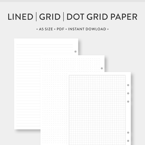 A5, Gefütterte Notizen, Gitterpapier, Dot Grid Set | Essential Bundle | Notizheft Vorlage Bullet Journal, druckbare PDF Inserts.