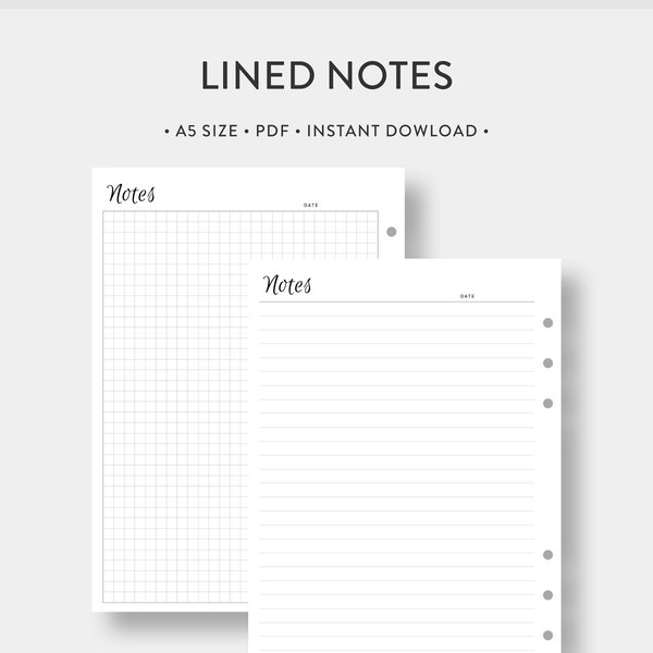 A5, Lined Notes Paper Template | Grid Graph Ruled Paper | College University Taking Study Note | Simple Minimal | Printable Inserts PDF