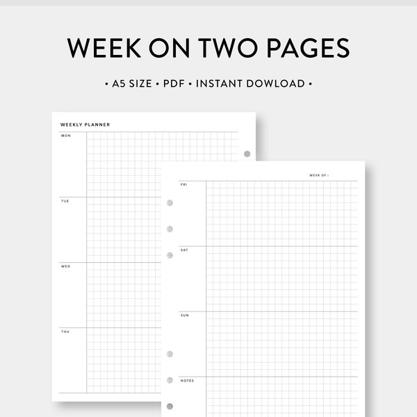 A5, Cuadrícula imprimible del planificador semanal / Semana en dos páginas / Inserciones PDF de diario de plantilla sin fecha / Tamaño A5 simple / Descarga digital